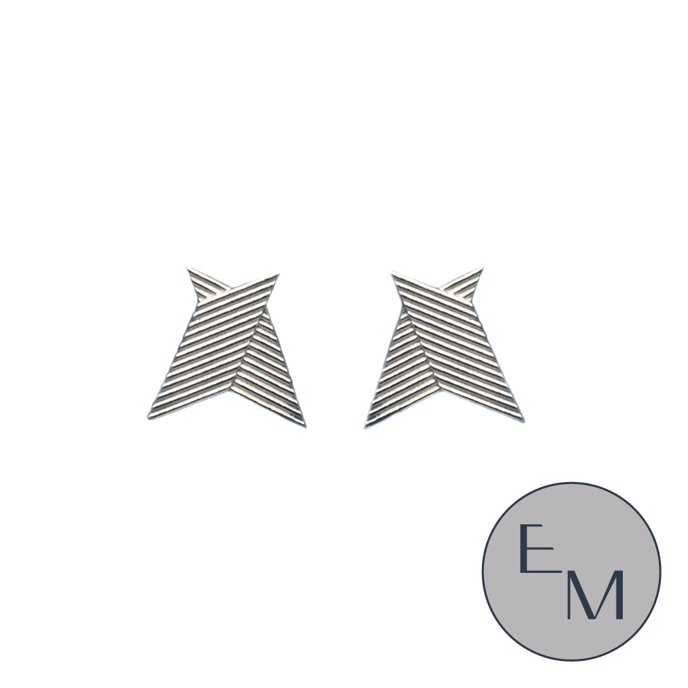 Silver linear earrings with a geometric design on a white background