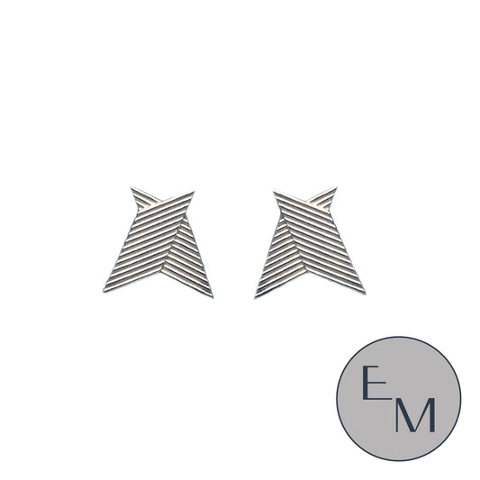 Silver linear earrings with a geometric design on a white background